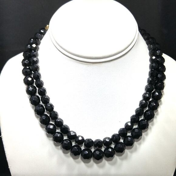 Vintage Black Crystal Beaded Necklace, Strung on Chain, Two Strands, 17 Inches - Picture 3 of 9